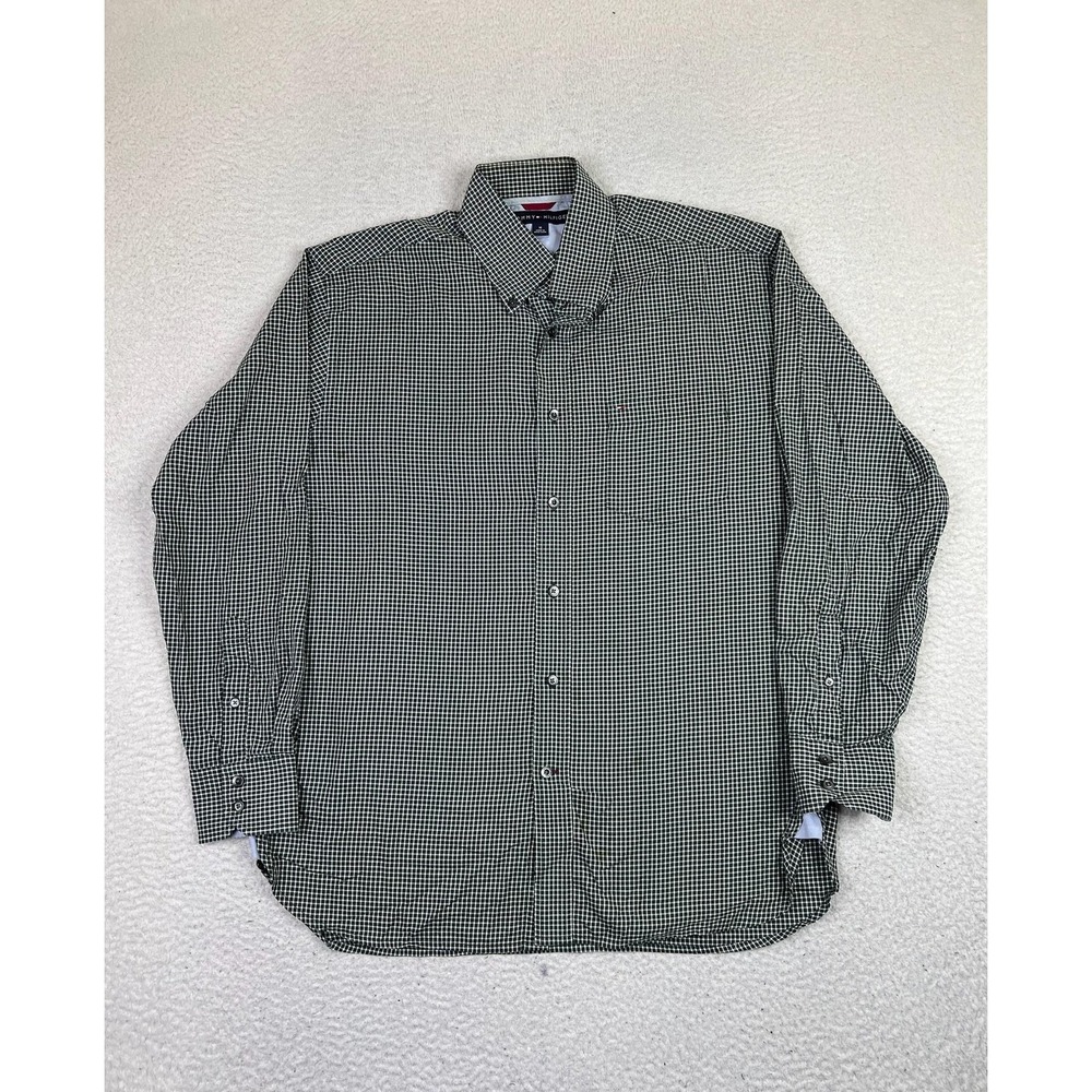 Vintage Tommy Hilfiger Shirt Mens Medium Green Check Plaid 100% Cotton 90s